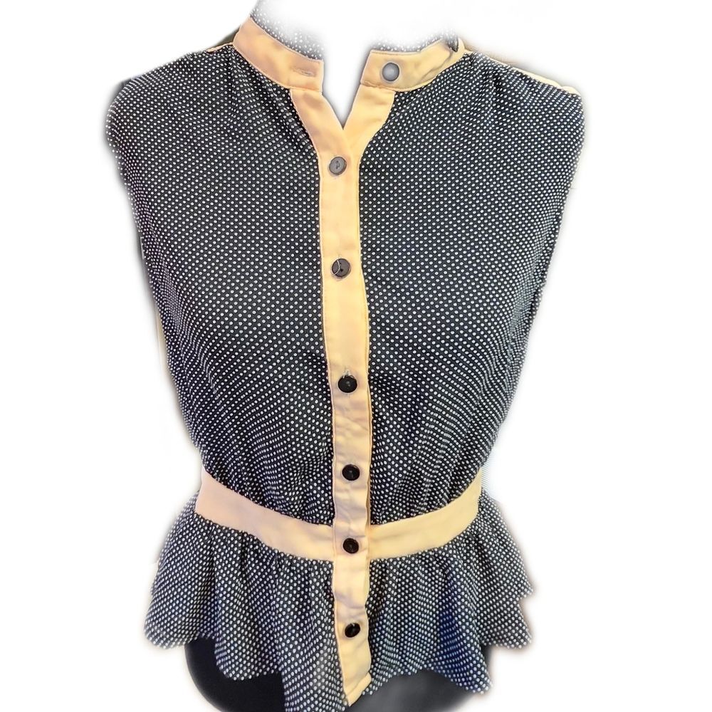 Freeway Polka Dot Peplum Semi Sheer Button Up Blouse, M
